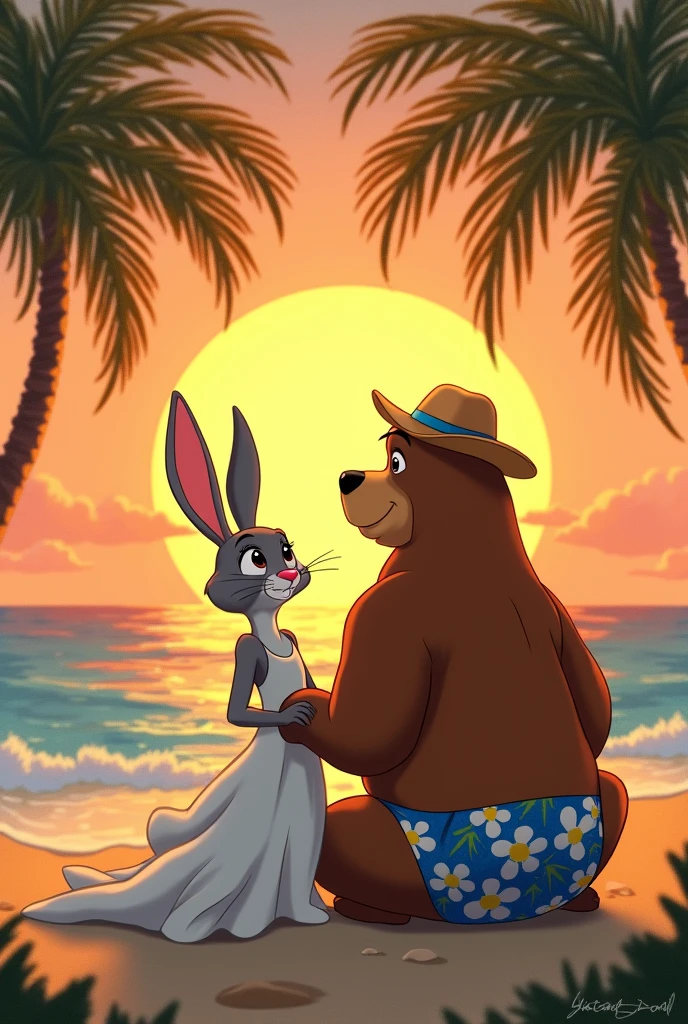 Coneja adoliscente ALTA, cuerpo sexi COLOR GRIS parada CON vistido largp blanco, IN, Ojos marronis claros, EN INN PAISAJE playero, istilo Disney , palms, Coloris cálidos, is. Greg Rutkowski, by Alphonse Mucha. Next to the rabbit is a tall brown bear., thin build with squares on the abdomen, with clear eyes, pantaloneta color azul con floris, camisa de floris con ropa de playa y sombrero playero. holding hands in a relaxed pose sitting watching the sunset .