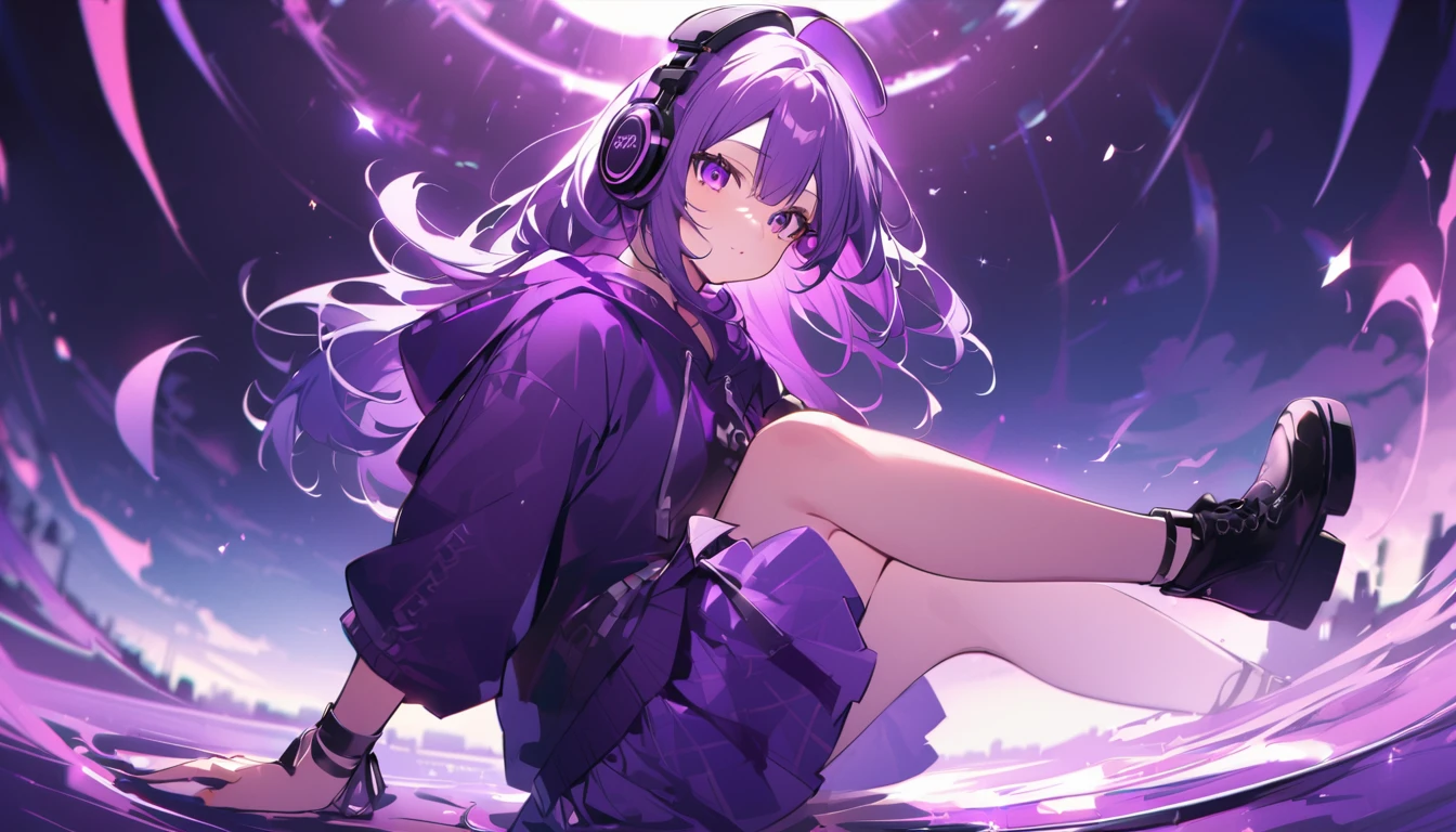 Keito。Purple eyes。Purple Hair。Purple Skirt。Black shoes下。Black shoes。Purple hoodie。Headphones。detailed