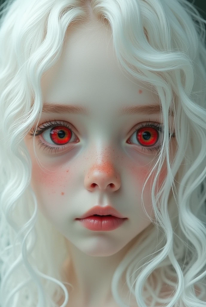 Girl with pale skin, delicate features, small mouth with full lips, big red eyes, thin eyebrows, with freckles on his face and long white curly hair