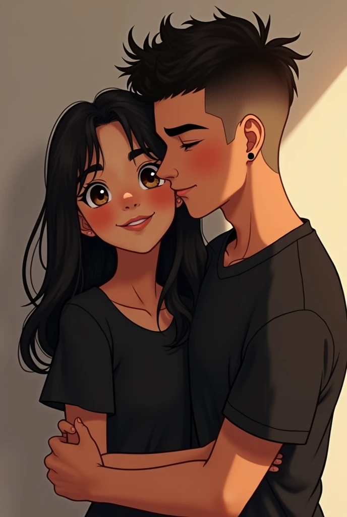 Light brown teenage girl,big brown eyes with long straight loose black hair smiling, wearing a black blouse. abraçando um garoto adolescente moreno de cabelo cacheado curto com as laterais raspadas olho pequeno brinco na orelha wearing a black blouse 