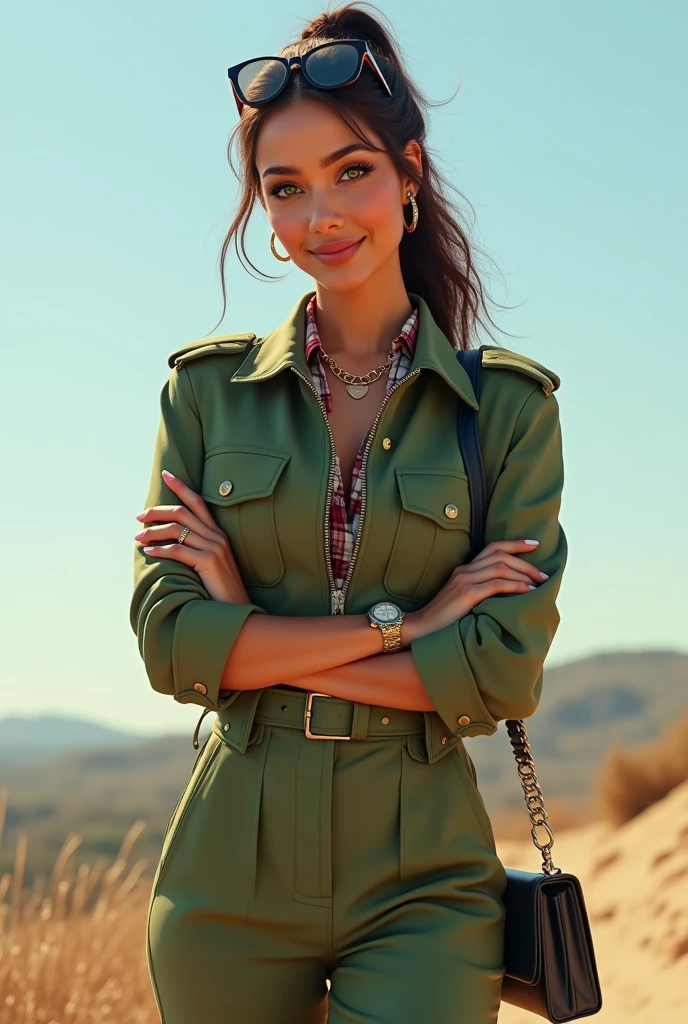 Full body beautiful white skin latin woman, 5'7" tall, ponytail medium brown hair, deep green eyes, wearing green military flight jumpsuit, open zipper, rolled up sleeves, plaid formal button down blouse with up collar over, happy smile, walking outside, high hill sandals, summer sunny day, bag, crossing arms, hand under chin, sun glasses over head, watch and bracelet, neck chain