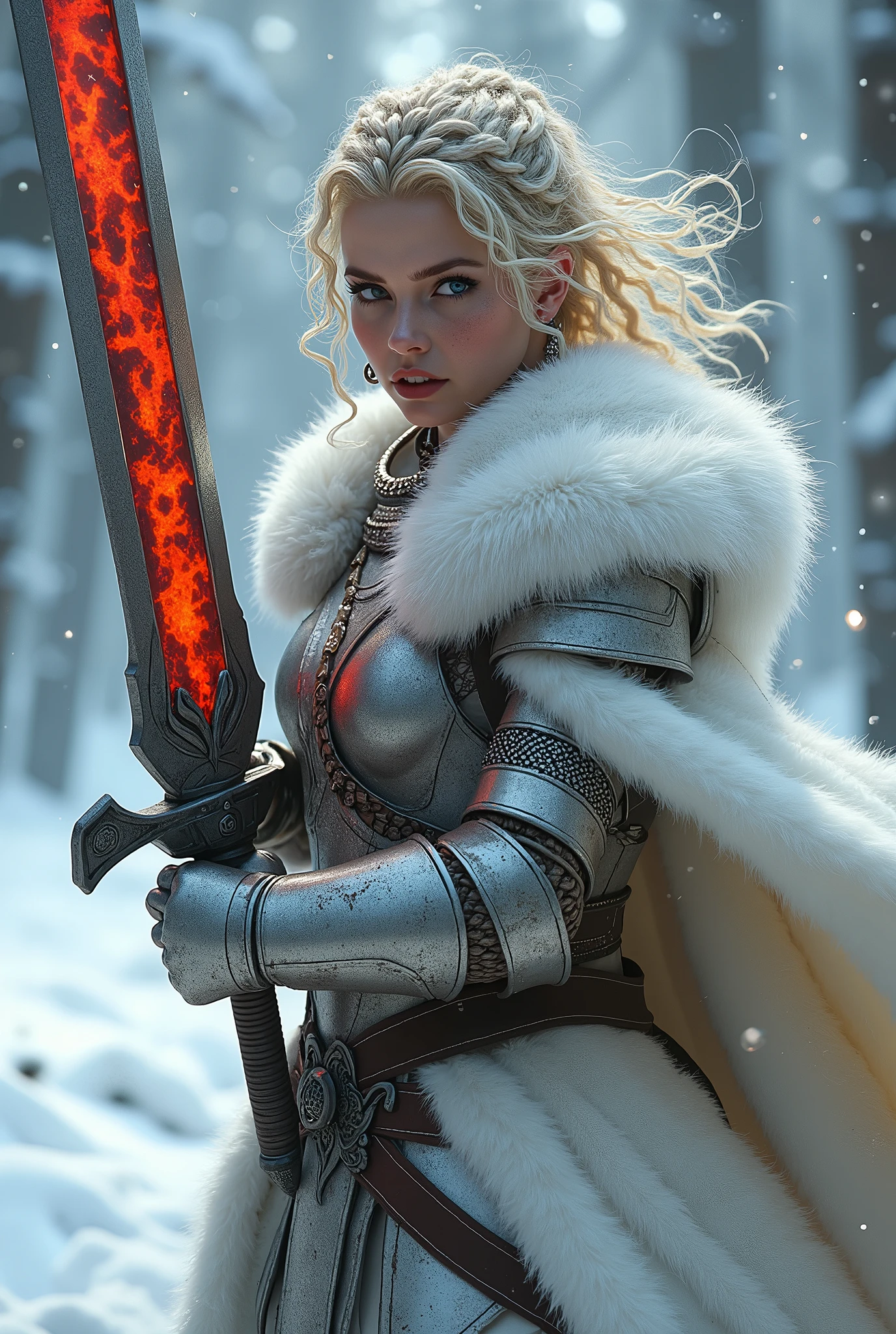((upper torso, armored female barbarian savage, battle worn white lacquered gloss armor:1.6, fur, white cloak, ((((supermodel, triangularface, pointed chin)), short curly [bright blonde hair:tan hair:0.7], black lips))), iceblue eyes, blackout eyeshadow, iron tiara), braids, massive glowing red fang engraved sword, windy, outdoor frozen snow snowy forest, dynamic battle pose, lunging, side view
