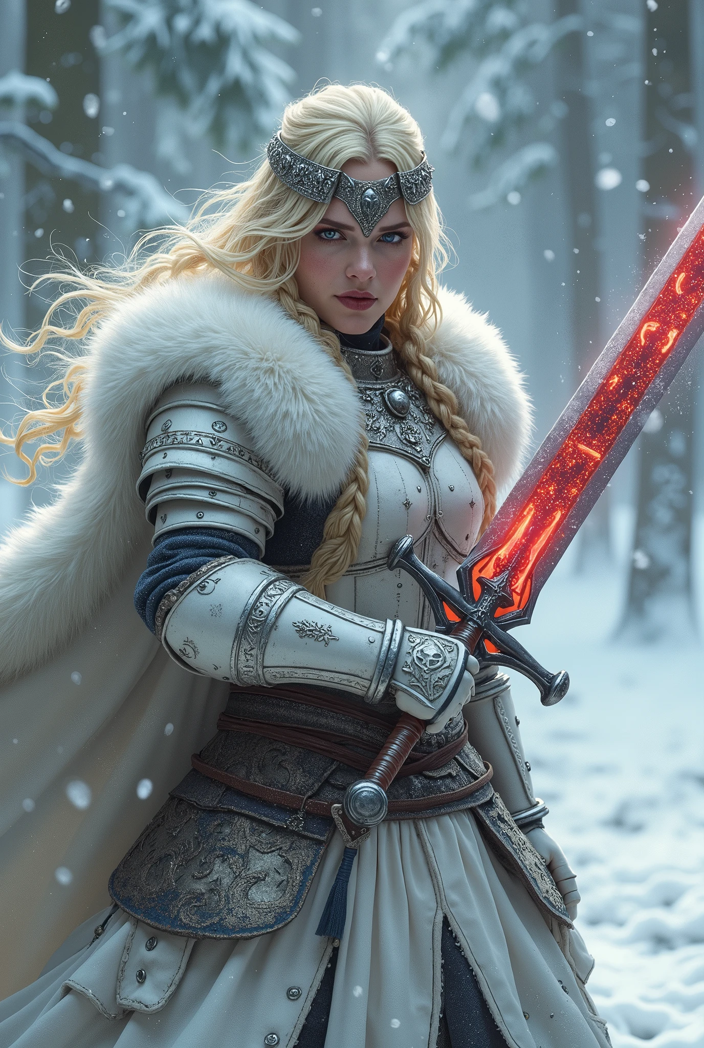 ((upper torso, armored female barbarian savage, battle worn white lacquered gloss armor:1.6, fur, white cloak, ((((supermodel, triangularface, pointed chin)), short curly [bright blonde hair:tan hair:0.7], black lips))), iceblue eyes, blackout eyeshadow, iron tiara), braids, massive glowing red fang engraved sword, windy, outdoor frozen snow snowy forest, dynamic battle pose, lunging, side view

