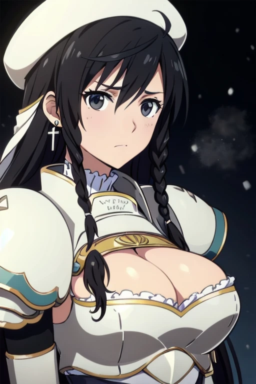 Sonia Blanche, long hair, (very dark brown hair), (black hair), cross earrings, hair ornament, veil, armored dress, pauldrons, breastplate, gauntlets, greaves, (white beret), 1girl, solo, upper body, (big breasts), facing viewer, looking at viewer, (hand on chest), shivering, heavy breathing, trembling, (dark background), night time, foggy weather, snow, close-up,