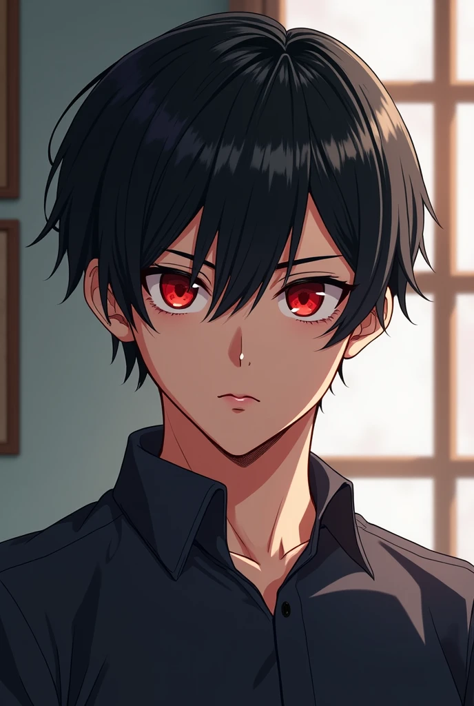 Create a Young Male, dark haired and scarlet eyed, with a serious expression He is wearing a dark shirt. His hair has bangs parted in the middle.. Make it in 2D anime style drawing