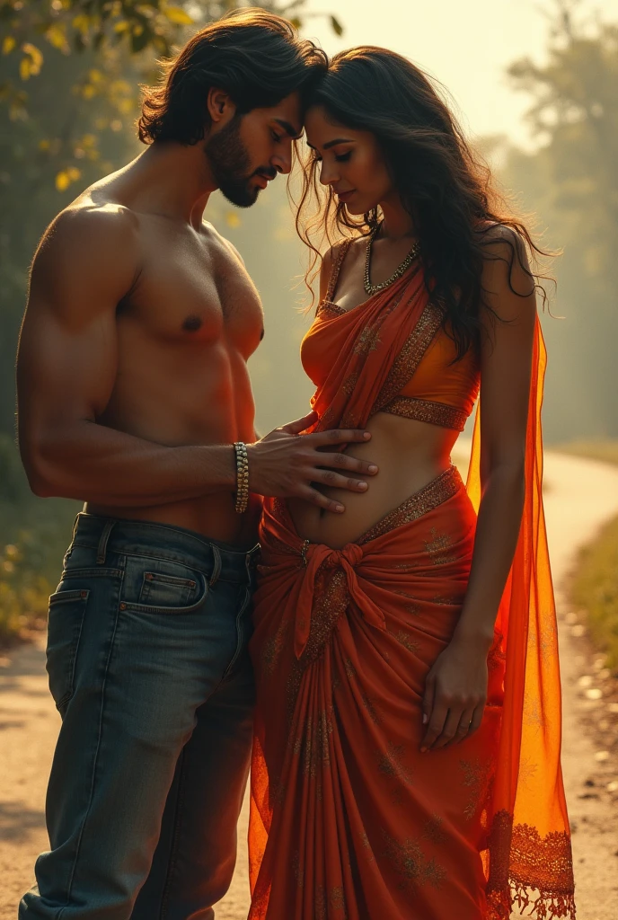 A dusky hot girl wearing saree with low hip in road and a man holds her navel with his hand