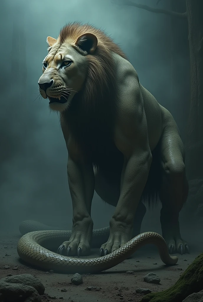 "Craft a terrifying, fully muscled lion-serpent hybrid with ultra-realistic, gritty skin and scales, set against a dark, dramatic background."