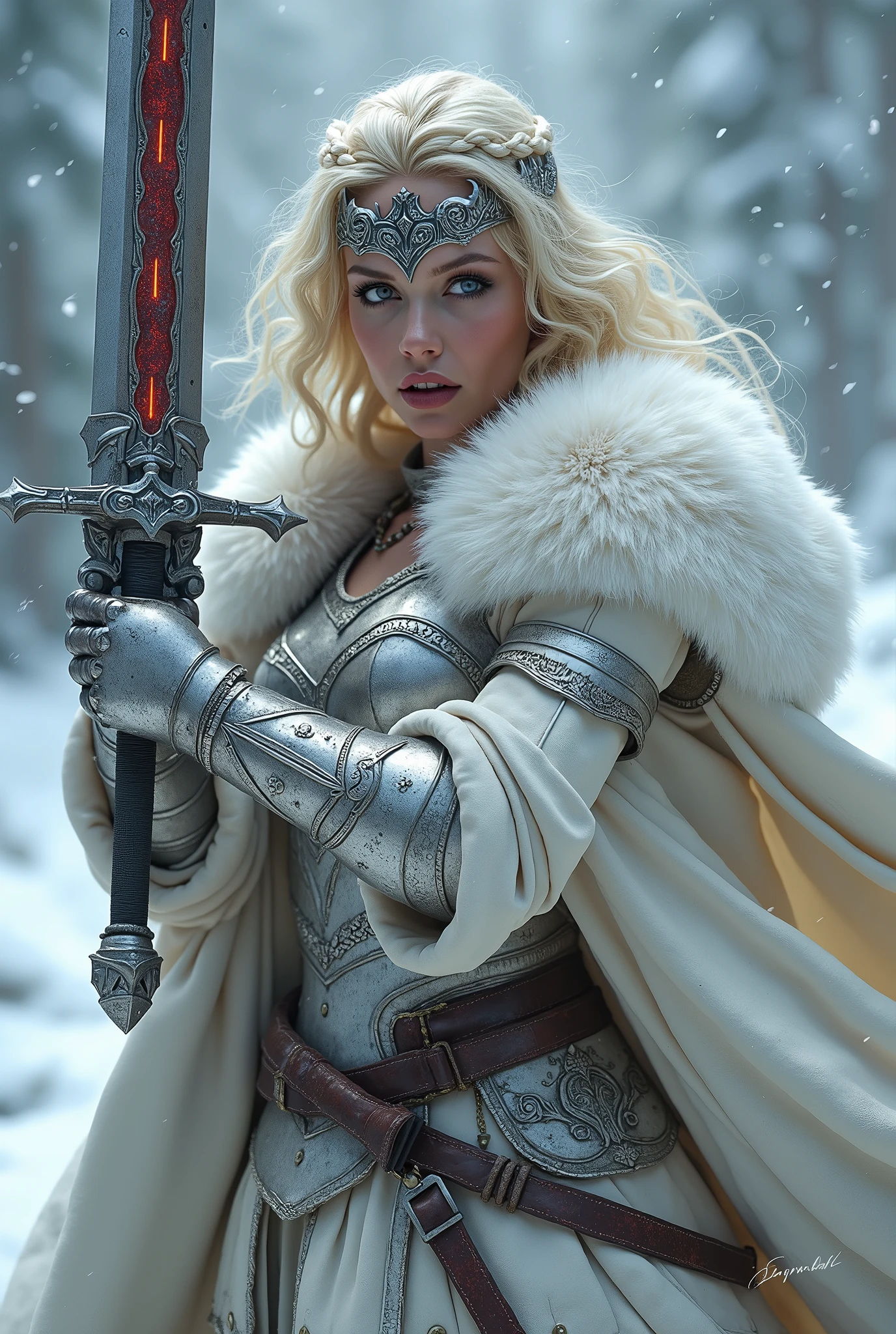 ((upper torso, armored female barbarian savage, battle worn white lacquered gloss armor:1.6, fur, white cloak, ((((supermodel, triangularface, pointed chin)), short curly [bright blonde hair:tan hair:0.7], black lips))), iceblue eyes, blackout eyeshadow, iron tiara), braids, massive glowing red fang engraved sword, windy, outdoor frozen snow snowy forest, dynamic battle pose, lunging, side view
