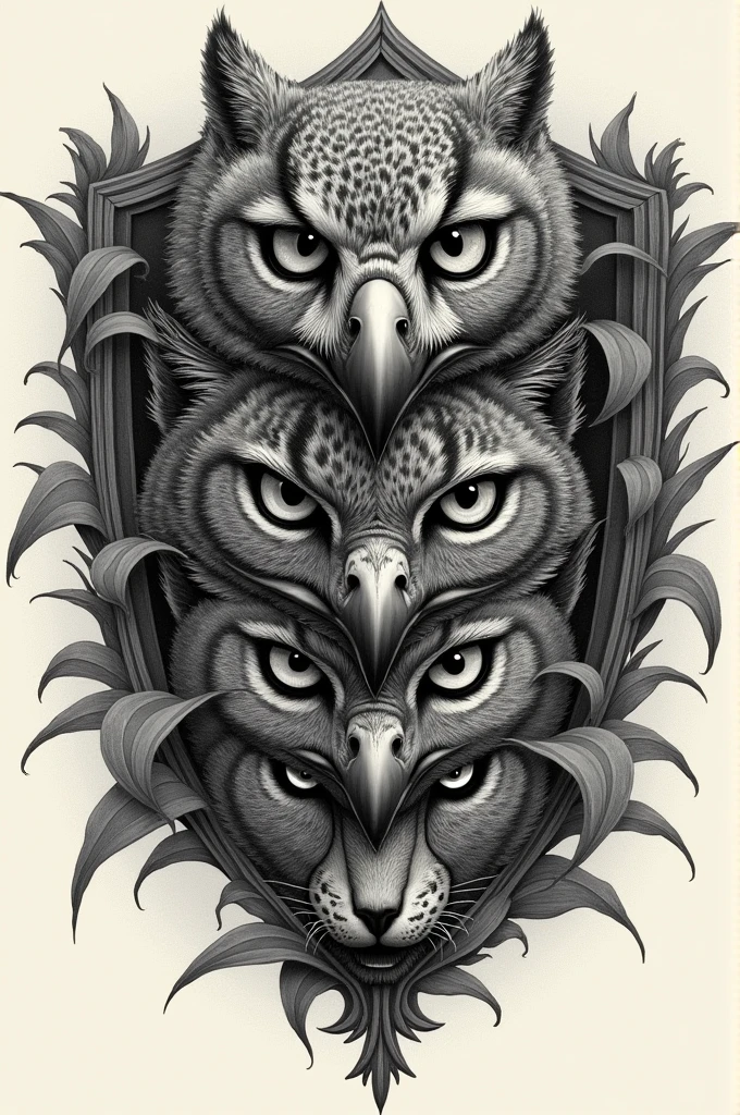 Create an engraving style drawing of an eagle&#39;s eyes, An owl , a panther and a jaguar. Let it look like an emblem with a maguey