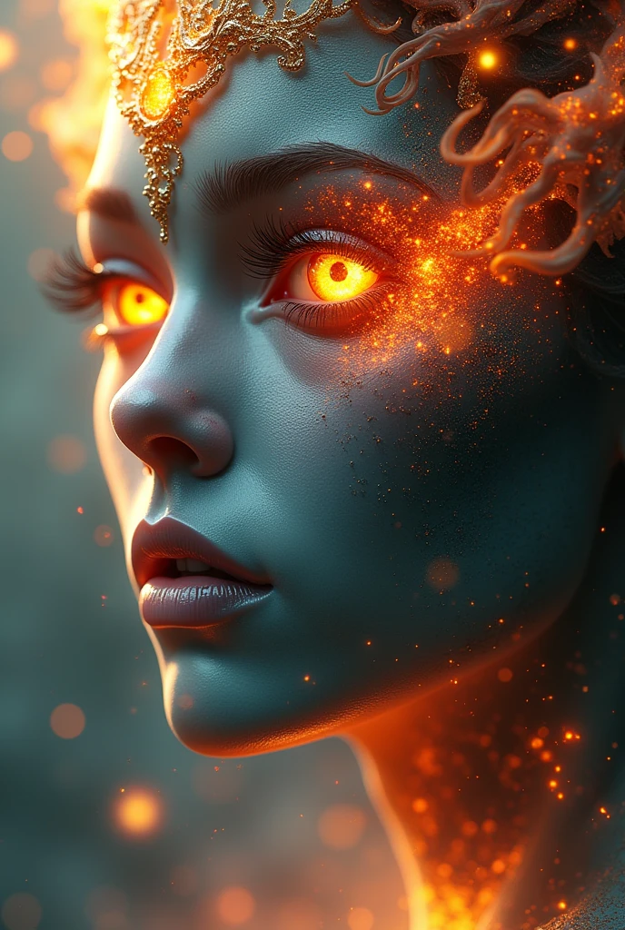 The Face of Creation and Destruction: In an eternal cycle, a face creates and destroys, one eye shedding tears that become worlds of beauty and light, the other crying flames that incinerate and consume, representing the dual forces of creation and destruction. Settings: Ultra-detailed 3D art, Octane Render, 'kimoxko' 32K UHD