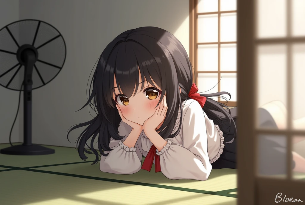 A girl with black hair and low twintails. Red ribbon in her hair. Dark brown eyes. Wears a white frilly blouse and a black flared skirt. She is lying on her stomach in front of a electric fan. She is lying face down on a Tatami mat. Japanese room.