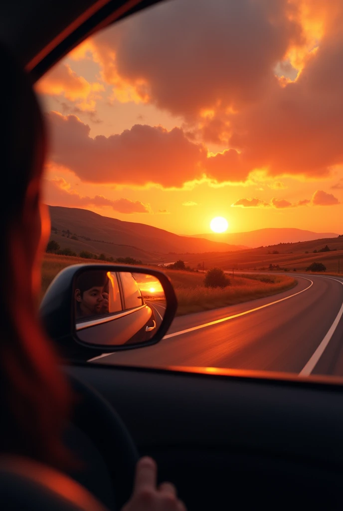 Recording a sunset from the mirror of a car on the road