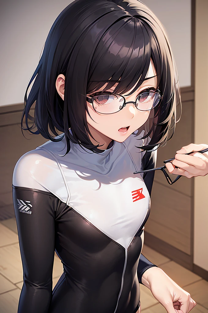 masterpiece, best quality,anime style, 1 girl,(((slender body))), (((small eyes))),(((athlete suit,glasses))), (beautiful face), (((medium hair))), (((straight hair))), ((((black hair)))),detailed beautiful skin, (perfect hands, perfect anatomy),scream