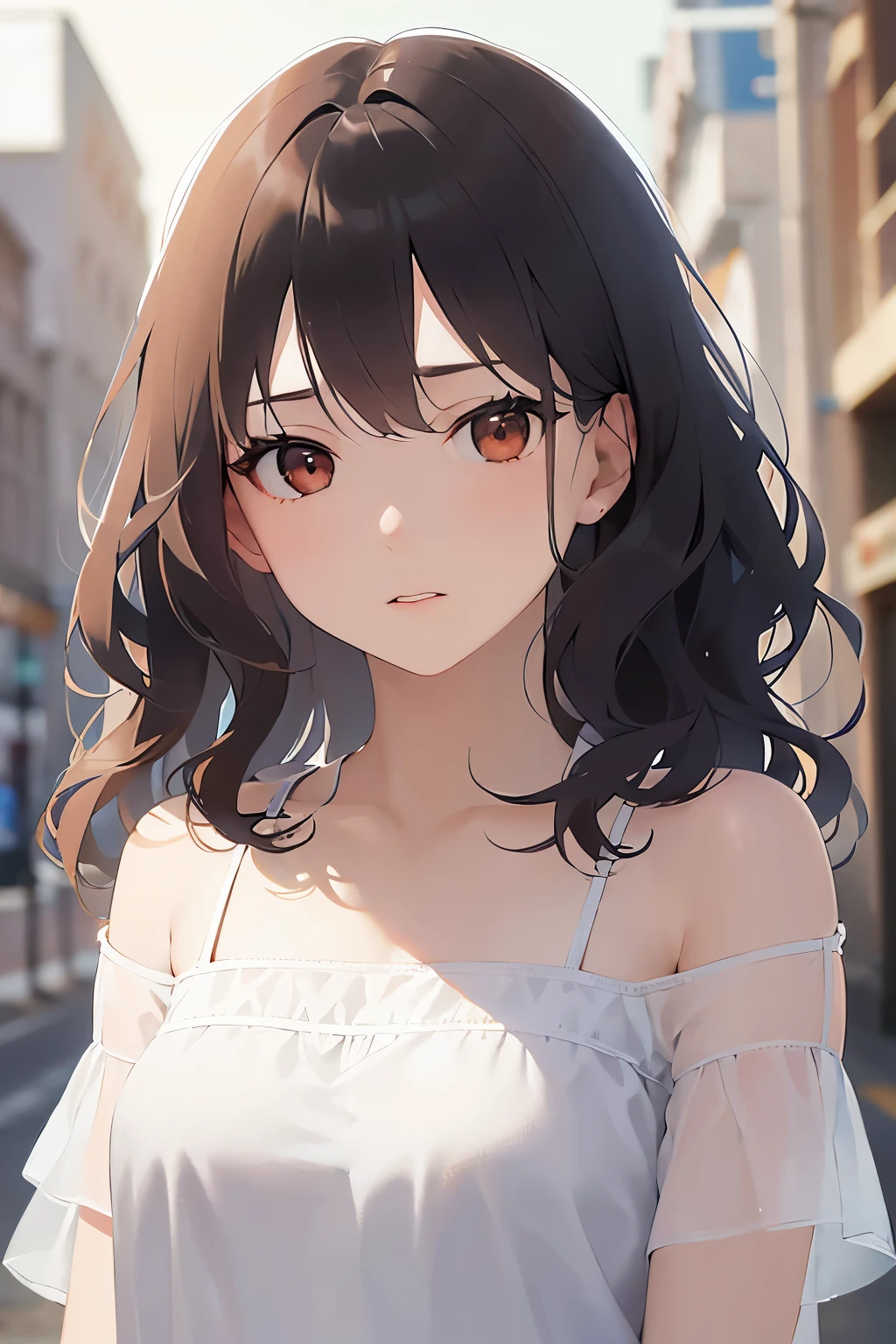 (looking away1.5)Upper Body, facing viewer、
Realistic, real person, (pale skin: 1.2), RAW photo, photorealistic, shiny skin, shiny hair、(A 25-year-old woman with medium-length hair and bangs) and (wavy hair) and (brown hair) and (orange eyes) ,
(White camisole dress:1.5)、
worried,In town、(alone:1.5)