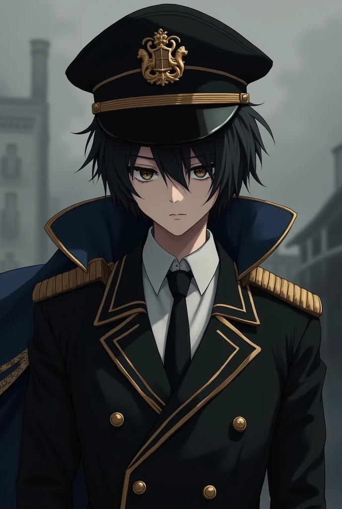 depressed captain anime with a black and gold Black Captain Jacket with a white shirt inside and a black tie and gold captain hat the face is covered with shadow and the Black gold Captain's Cloak hanging on the back, black hair and male