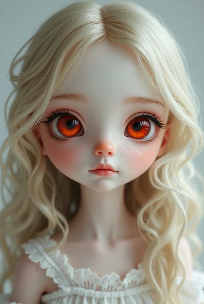 Girl with pale skin, delicate features, small mouth with full lips, big red eyes, thin eyebrows, with freckles on her face and long, light blonde curly hair