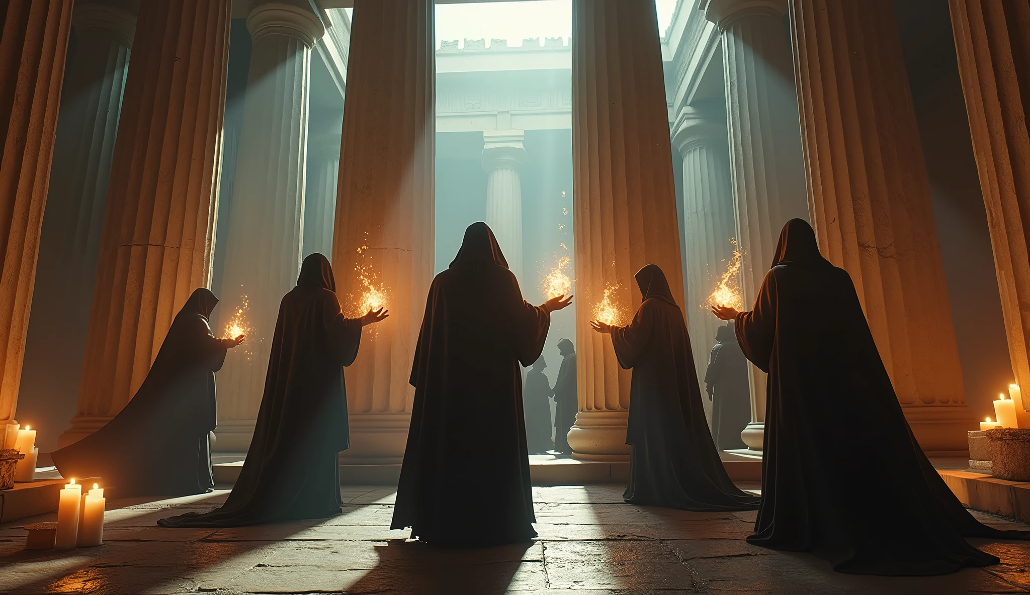 8k、(number々の賞を受賞したmasterpiece、Incredible detail、Texture、Maximum details), (summoning magic),(Parthenon temple (Parthenon) - Greece) arafed image of a group of people in a church with candles,lit candle, dark cinematic concept art, elegant cinematic fantasy art, photorealistic dark concept art, by Beeple, dark robes, wojtek fus, gothic epic library concept, gothic epic library, epic cinematic concept art, dark concept art, Beeple and mike winkelmann, symmetrical epic fantasy art, High resolution, masterpiece, Highest quality, Intricate details, Very detailed, Clear focus, practical skin texture, texture,  Shot with Canon, 85mm, Shallow and deep, Kodak Vision Color, Exactly, Very detailed, photograph_\(Extremist\), photographpractical, practical, Post-processing, Maximum details, Roughness, Real Life, Extremist practical, Photorealism, photographgraphy, 8K Ultra HD, photographgraphy
