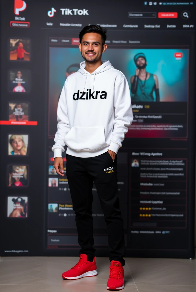 Adult male tiktok profile photo, Indonesia wearing white clothes with the words &quot;dzikra&quot; written on it,  Black Pants, red shoes on tiktok logo with tiktok homepage follower background