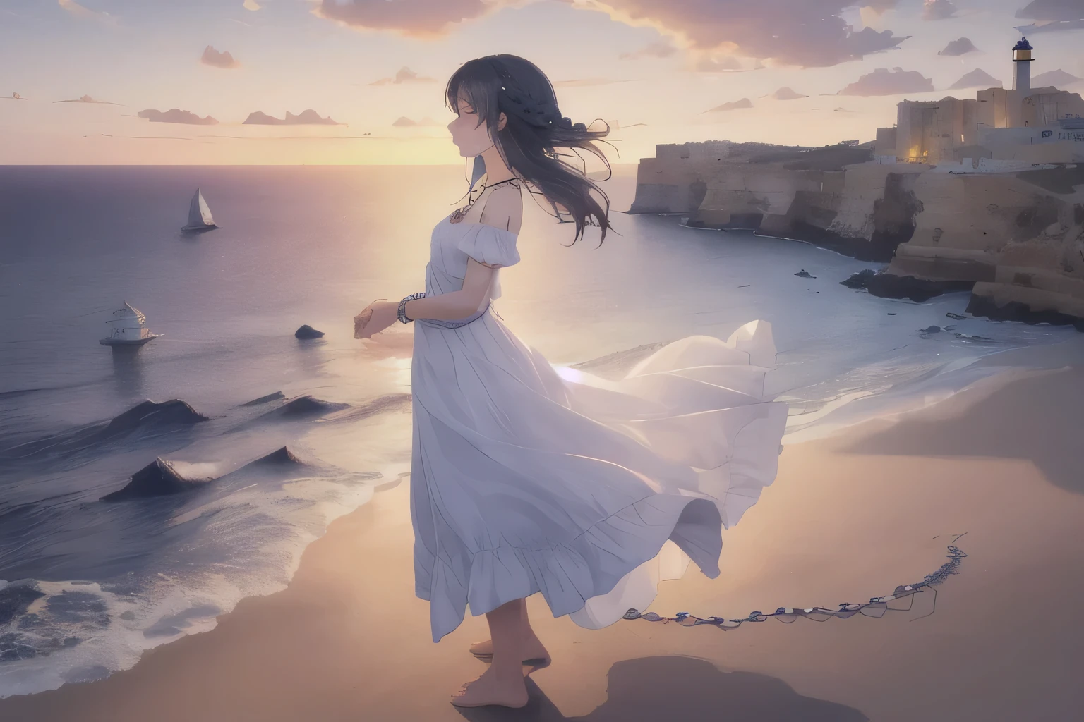 1girl , master piece , best quality , ultra detailed, hires, detailed eyes, detailed face, old lighthouse on malta island, full body, summer, french braid, breeze, hands on chest, from side, necklace, bracelet, melancholy, twilight, adoration, looking at the horizon, cloud