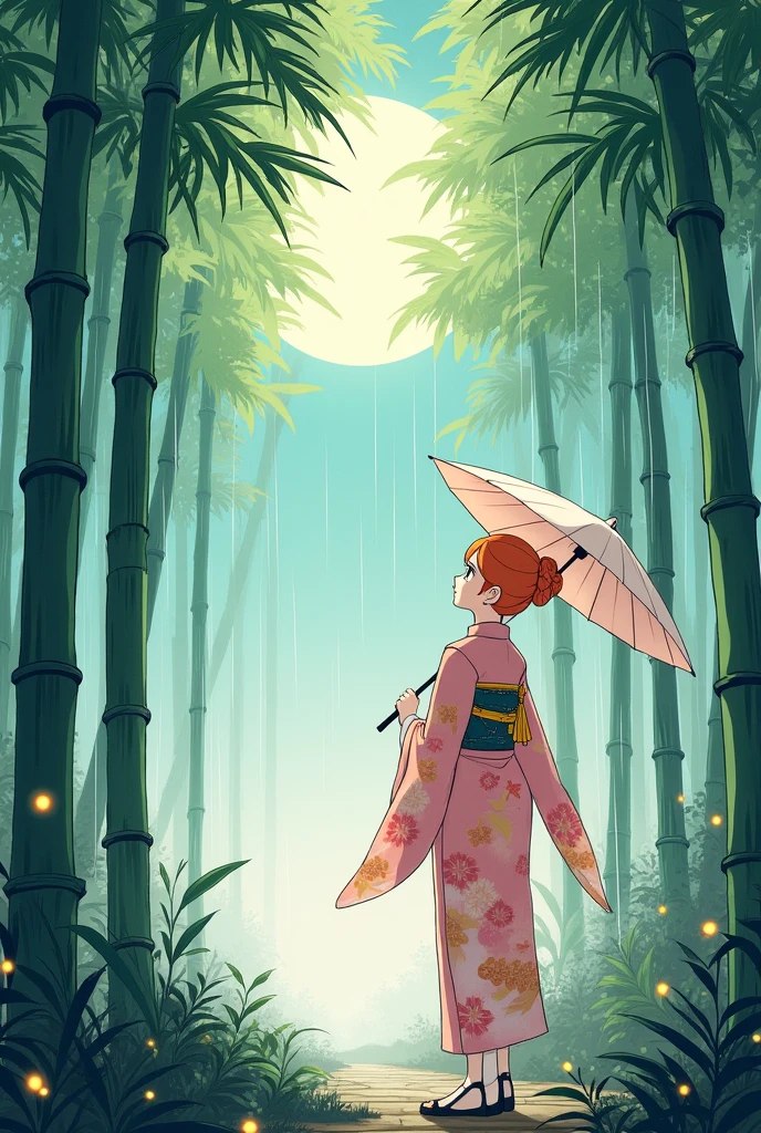 dynamic ink painting of a bamboo grove of japan, great art, great sense of depth, ground level shot, the most beautiful bamboo grove in the world, bamboo leaves shining through rainwater, moon\(pale blue\) with a light overcast,solo, character Pokémon girl misty \(ancient Japanese noble, beautiful pink kimono with golden fish, beautiful short orange hair\) looking up at the moon holding an umbrella,raining softly, fireflies flying around, bamboo leaves are placed three-dimensionally in the foreground, long shot,colorless,full body