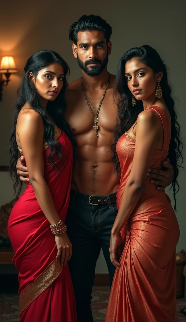 Two hot curvy white milf with long single plaited hairstyle, big breast, big hip, very big ass, thick thighs, perfect body, woman wearing saree, looking at camera, man in middle and two woman, tall indian man and short woman, in room, man with short side fade hairstyle, muscular body, beard, looking at camera, one woman skinny and another woman thick curvy,