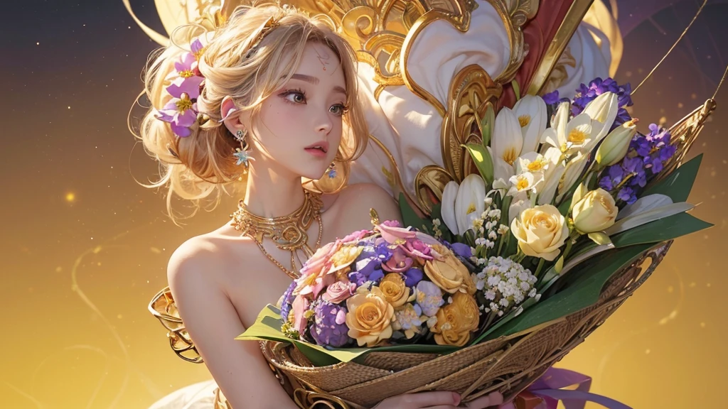 32K, 最高quality, 最高masterpiece, (ultra-Detailed Background, Detailed Background), High resolution, Super detailed, Very detailedな, 1 personの, (bouquet:1.3), (Tangled:1.2), (Geometric:1.2),(colorful),(masterpiece, quality, best quality, Official Art, Beautiful and beautiful:1.2), (1 person:1.3), Very detailed,(colorful:1.1)(Flowers:1.3),Most detailed,(Tangled:1.2), whole body, (Abstract background:1.3), (Skin glows), (Many colors:1.4), ,(Earrings Jewelry:1.5), Pale yellow background, It's imaginative., Milk tea colored hair, Updo,