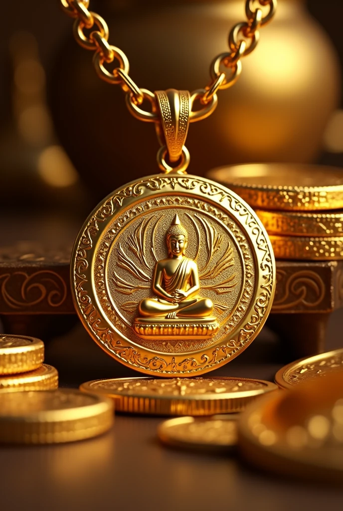 Ornate golden amulet with intricate Burmese style engravings. Including Buddha image and gold necklace and gold bracelet. And gold coin.