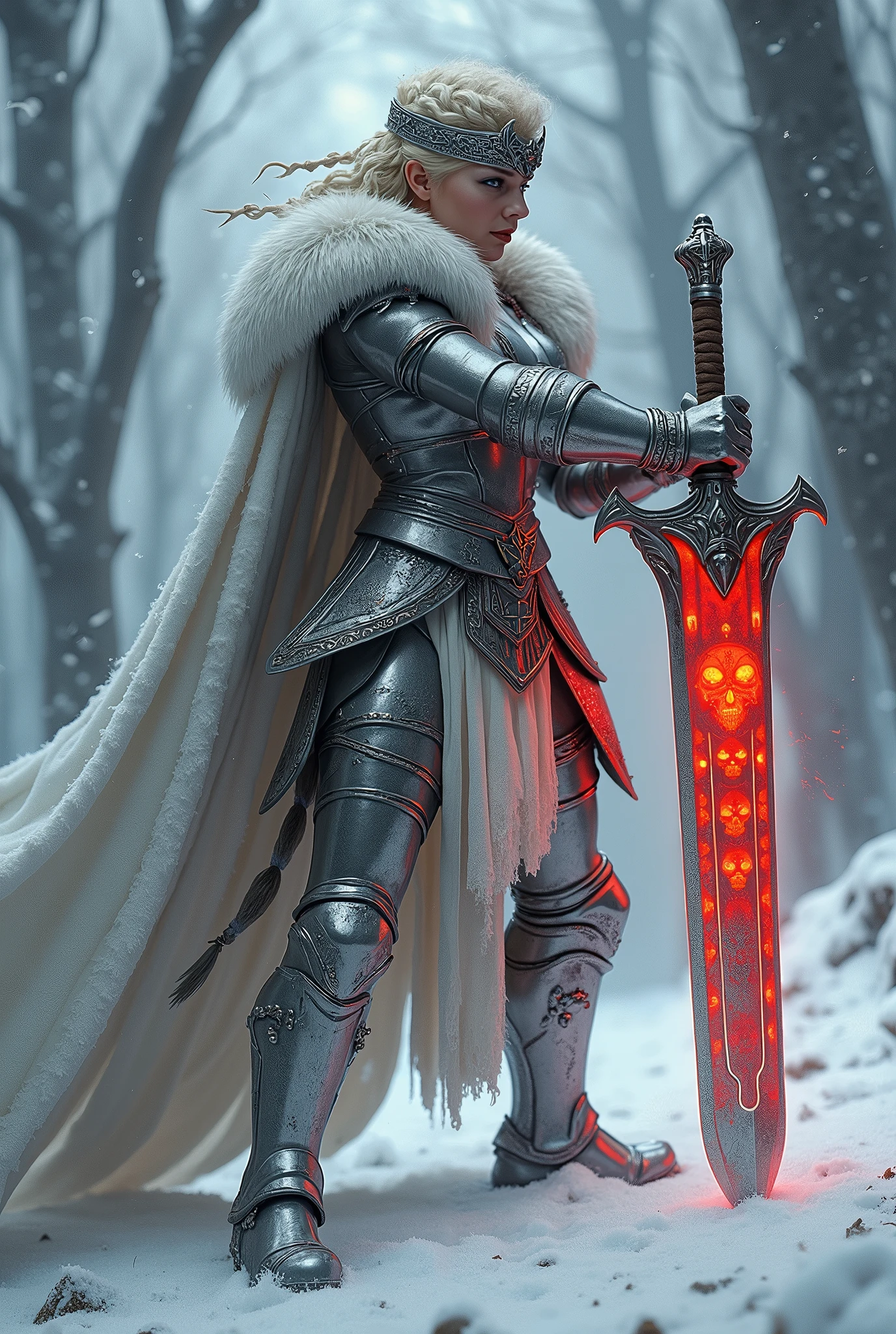 ((upper torso, armored female barbarian savage, battle worn white chrome gloss armor, fur, white cloak, ((((supermodel, triangularface, pointed chin)), short curly [bright blonde hair:tan hair:0.7], black lips))), iceblue eyes, blackout eyeshadow, iron tiara), braids, massive glowing red skull engraved sword, windy, outdoor frozen snow snowy forest, dynamic battle pose, lunging, side view
