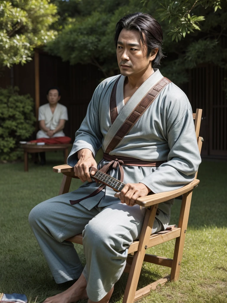 a Photorealistic wide shot of Japanese actor Shintaro Katsu in his early 50’s as his character Zatoichi the blind swordsman sitting in a lawn chair while playing a banjo