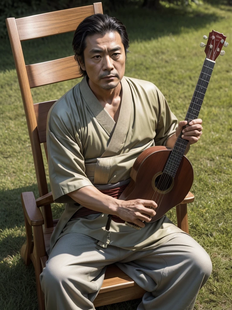 a Photorealistic wide shot of Japanese actor Shintaro Katsu in his early 50’s as his character Zatoichi the blind swordsman sitting in a lawn chair while playing a banjo