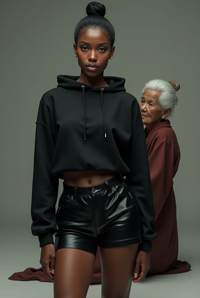 black woman hair in a bun black hoodie black leather short shorts a old grandma in a dress on her knees kissing her ass behind her