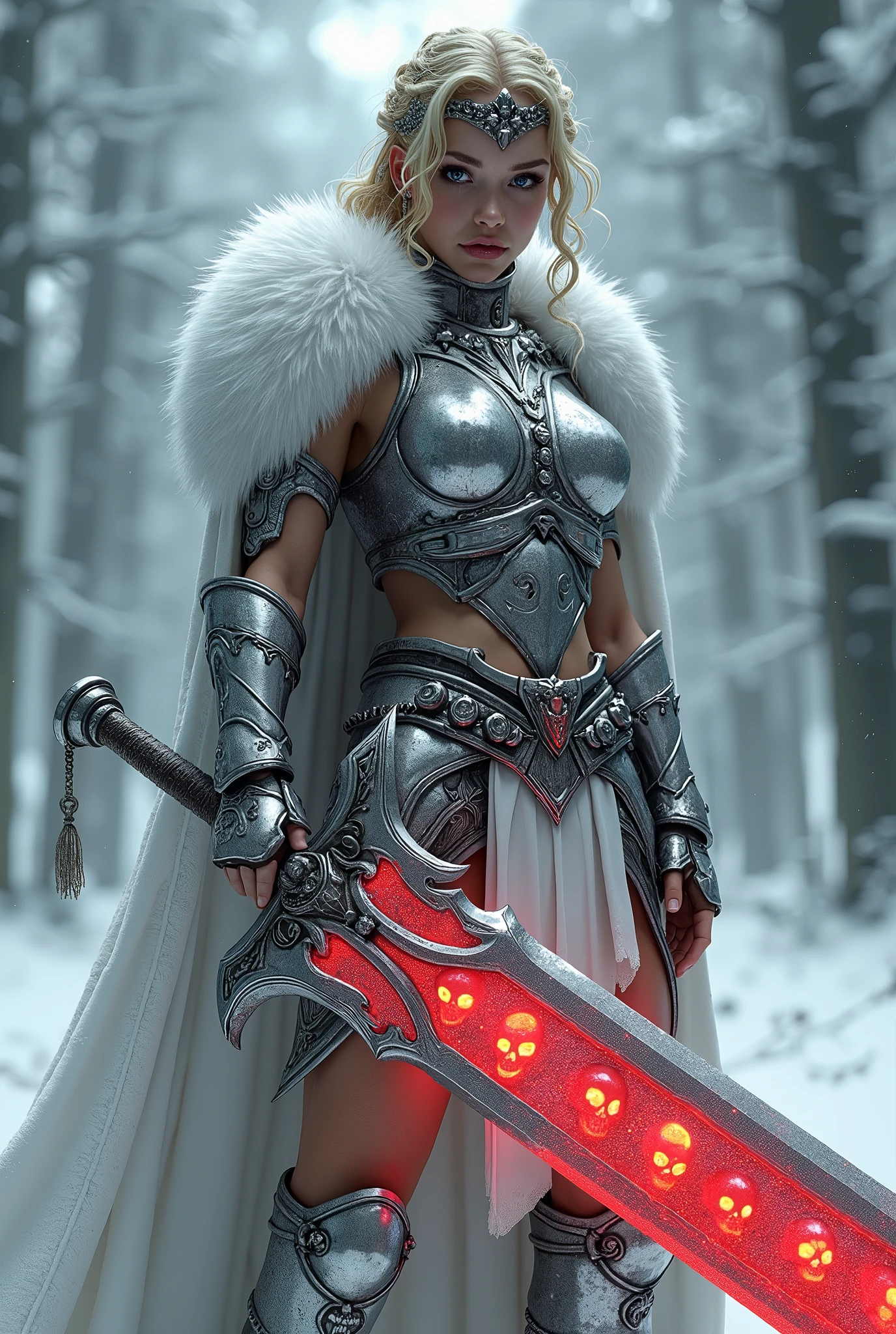 ((upper torso, armored female barbarian savage, battle worn white chrome gloss armor, fur, white cloak, ((((supermodel, triangularface, pointed chin)), short curly [bright blonde hair:tan hair:0.7], black lips))), iceblue eyes, blackout eyeshadow, iron tiara), braids, massive glowing red skull engraved sword, windy, outdoor frozen snow snowy forest, dynamic battle pose, lunging, side view
