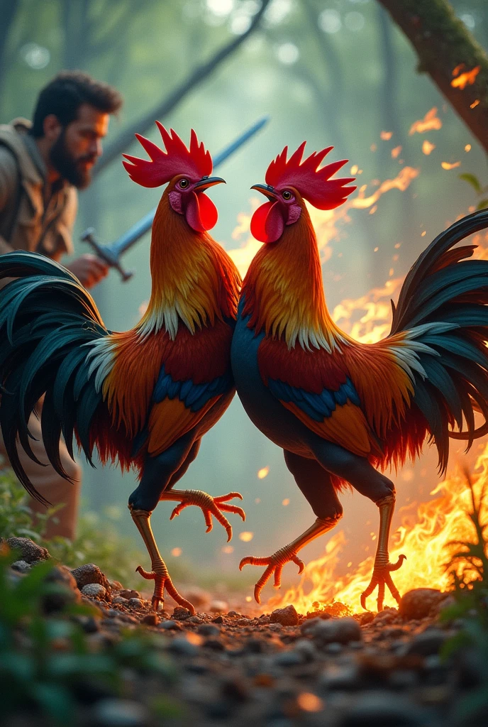 Natural background, two fighting height chicken on air,small flame on sides of feathers of chickens, chicken legs black colour, one man standing near with sword