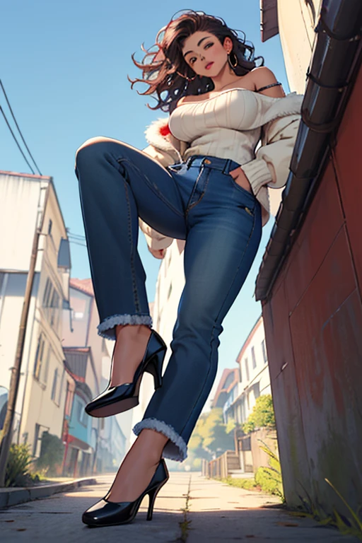 ((Best Quality)), ((masterpiece)), (detailed), 1 girl, off shoulder sweater, blue jeans, neckline, wavy fur,26 years, Red high heels, big breasts,wide hip,((view from below)),(Whole body))