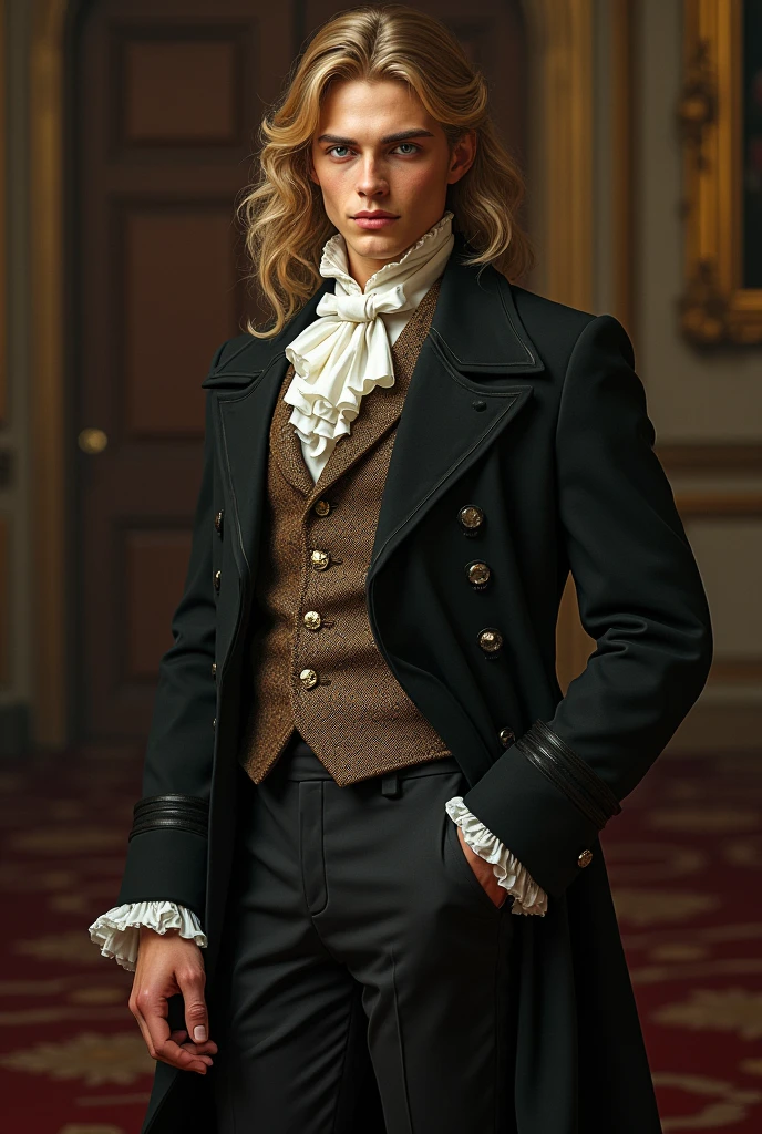 An athletic young Duke of 1.80cm with blonde hair, Honey colored eyes and nude skin tone, She wears a Victorian costume.