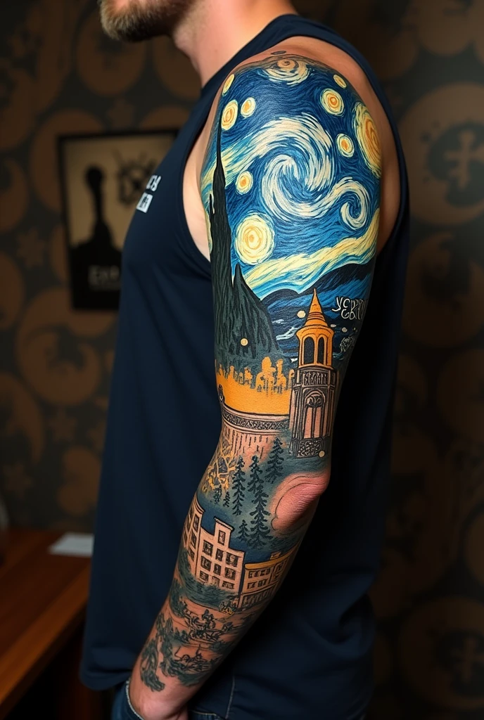 I want a full arm tattoo inspired by van Gogh and travel for men with slightly dark tones, that Van Gogh is the background and also has to do with the countries of Europe
