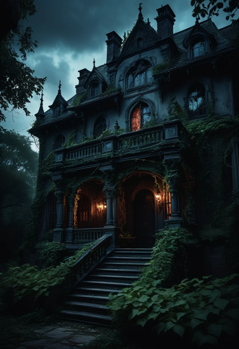 A dark manor with twisted architecture, haunted by demonic entities, overgrown with sinister vines, moody lighting, gothic details, dramatic shadows, intricate ornamentation, haunting atmosphere, occult symbols, ominous presence, unsettling ambiance, cinematic composition, rich color palette, chiaroscuro lighting, dramatic angles, photorealistic, masterpiece