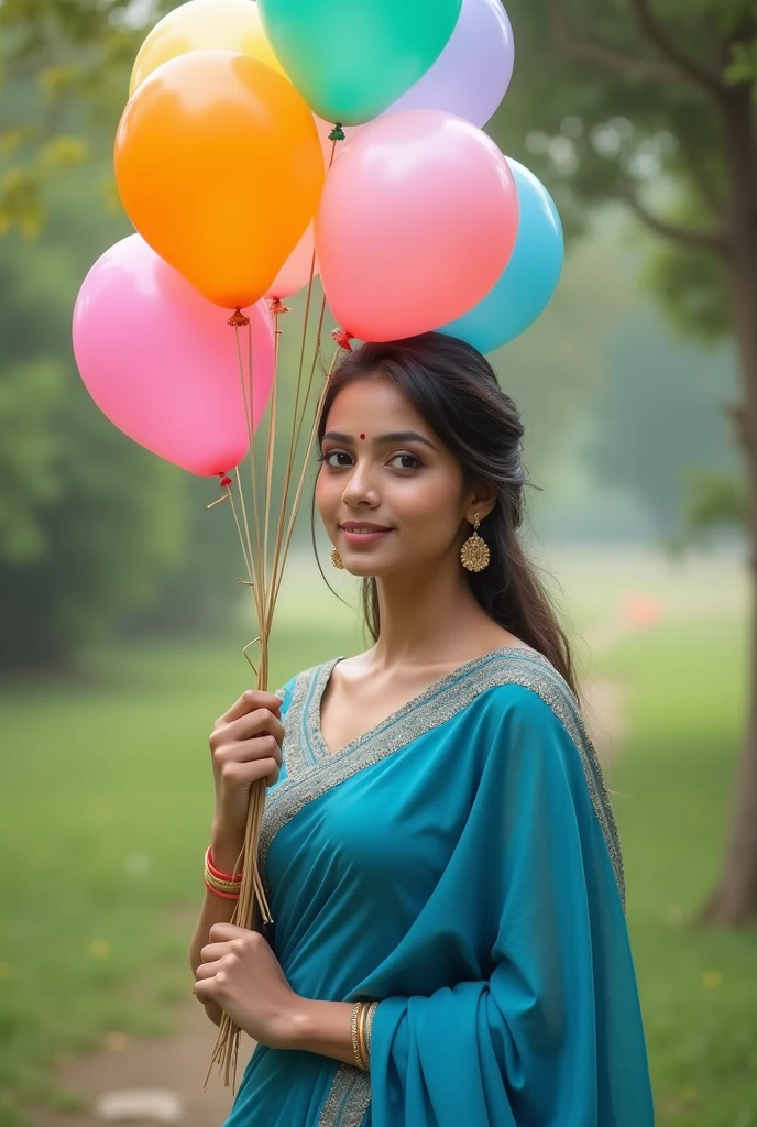 A beautiful girl, and she is holding lots of balloons in her hand and she is wearing a blue coloured saree