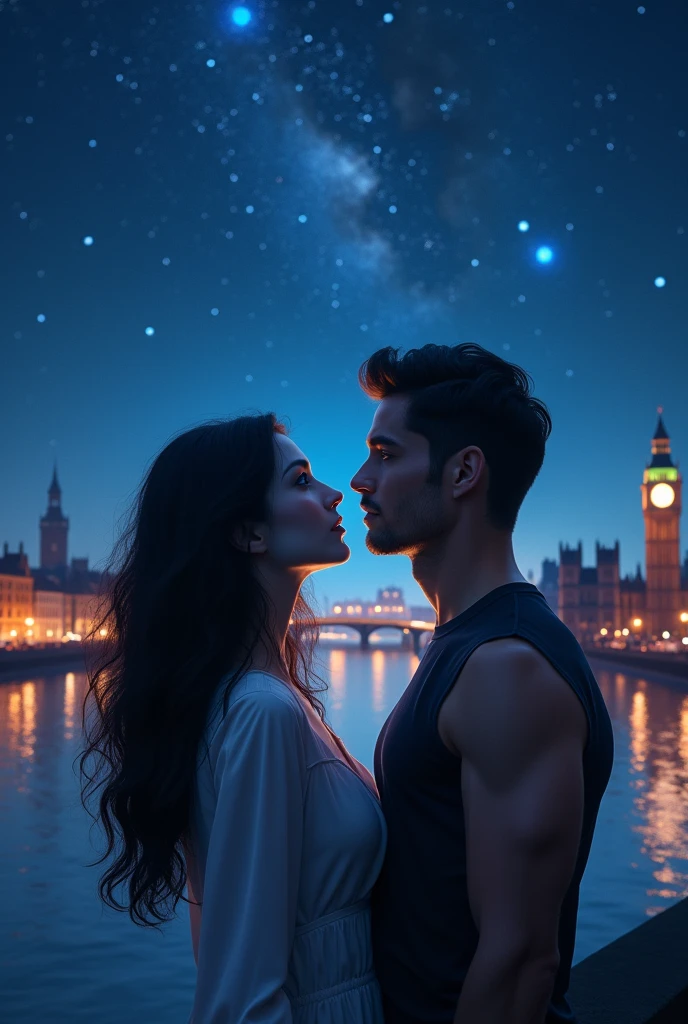 a pale woman with blue eyes and raven hair with a handsome man with a fit body with raven hair and dark blue eyes near the river thames watching the stars at night