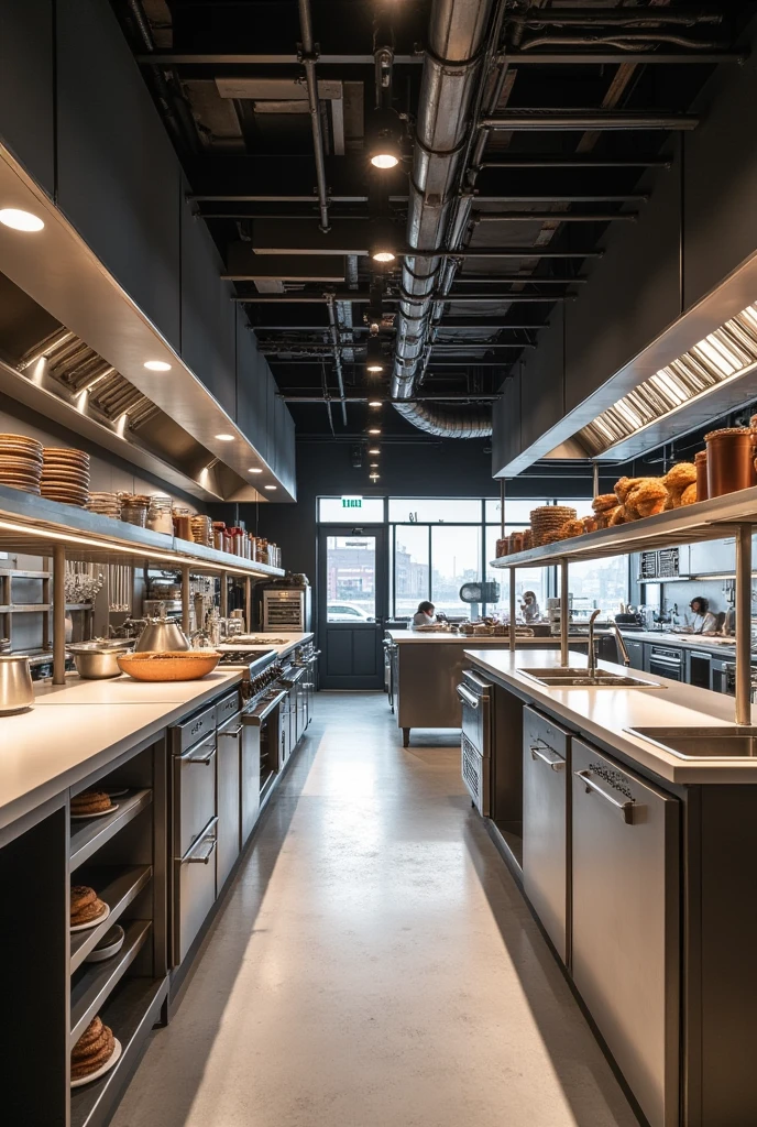 Kitchen plan of a modern restaurant with industrial equipment, salt kitchen area and pastry area, entrance and exit and refrigeration room with counters