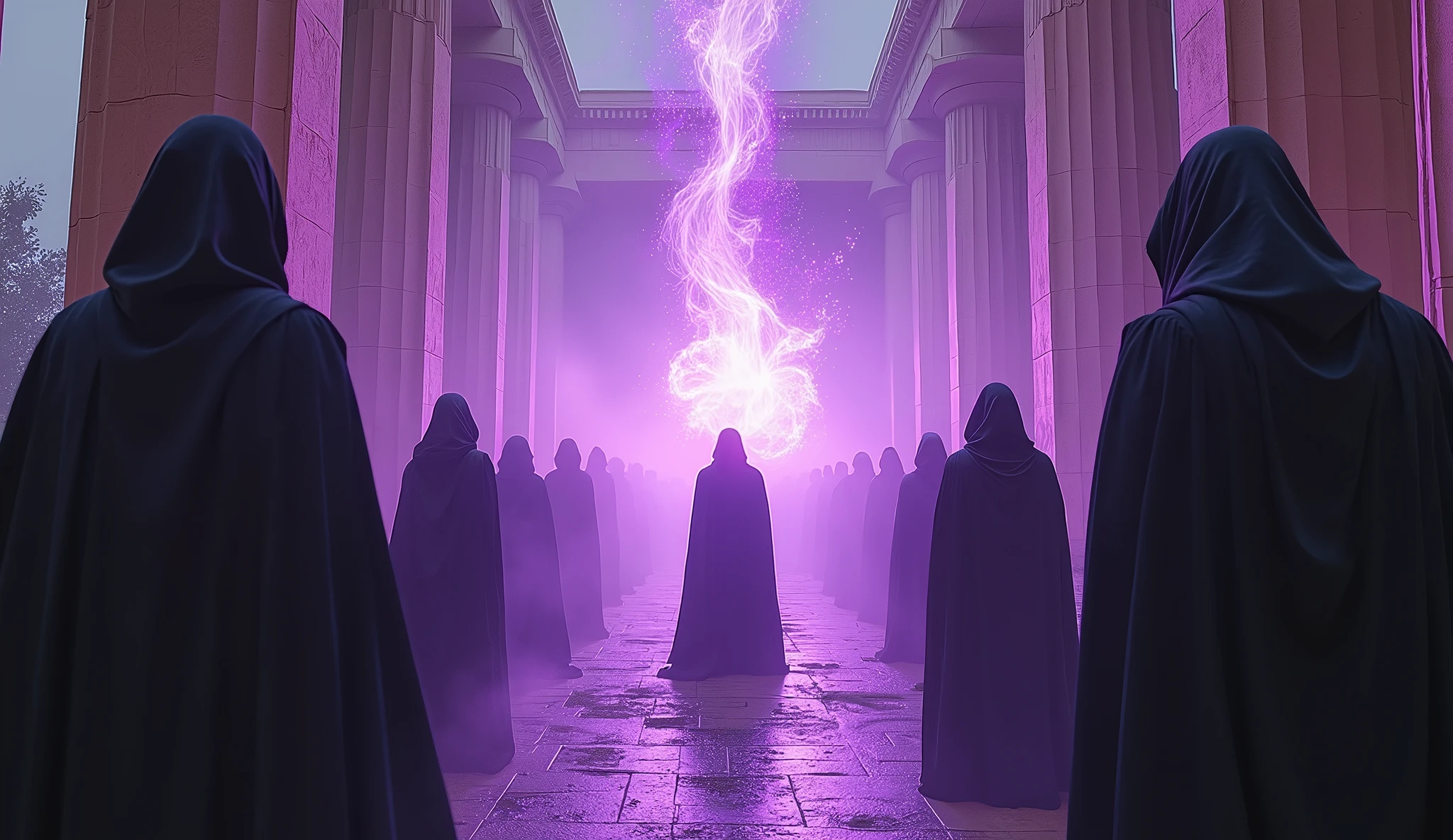 8k、(number々の賞を受賞したmasterpiece、Incredible detail、Texture、Maximum details), (summoning magic),(Parthenon temple (Parthenon) - Greece), (Purple glowing magic circle)arafed image of a group of people in a church with candles,lit candle, dark cinematic concept art, elegant cinematic fantasy art, photorealistic dark concept art, by Beeple, dark robes, wojtek fus, gothic epic library concept, gothic epic library, epic cinematic concept art, dark concept art, Beeple and mike winkelmann, symmetrical epic fantasy art, High resolution, masterpiece, Highest quality, Intricate details, Very detailed, Clear focus, practical skin texture, texture, Shot with Canon, 85mm, Shallow and deep, Kodak Vision Color, Exactly, Very detailed, photograph_\(Extremist\), photographpractical, practical, Post-processing, Maximum details, Roughness, Real Life, Extremist practical, Photorealism, photographgraphy, 8K Ultra HD, photographgraphy