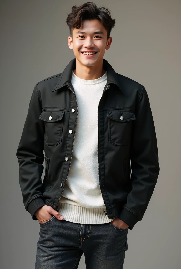 Young man, with jeans, WHITE SWEATER AND BLACK JACKET