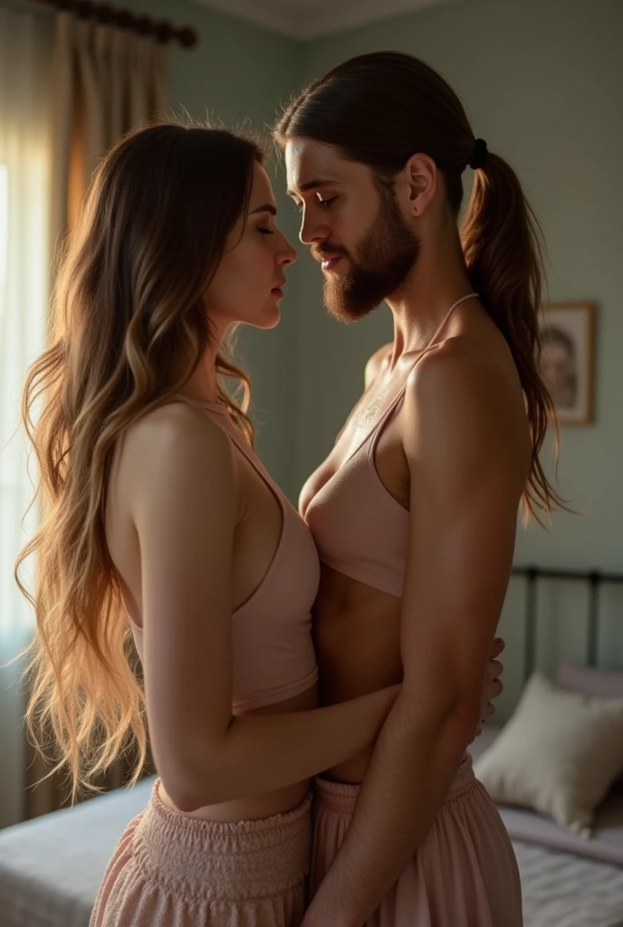 Homme androgyne aux cheveux long se faisant raser la barbe et habiller en femme par son epouse pour le feminiser. Before/After