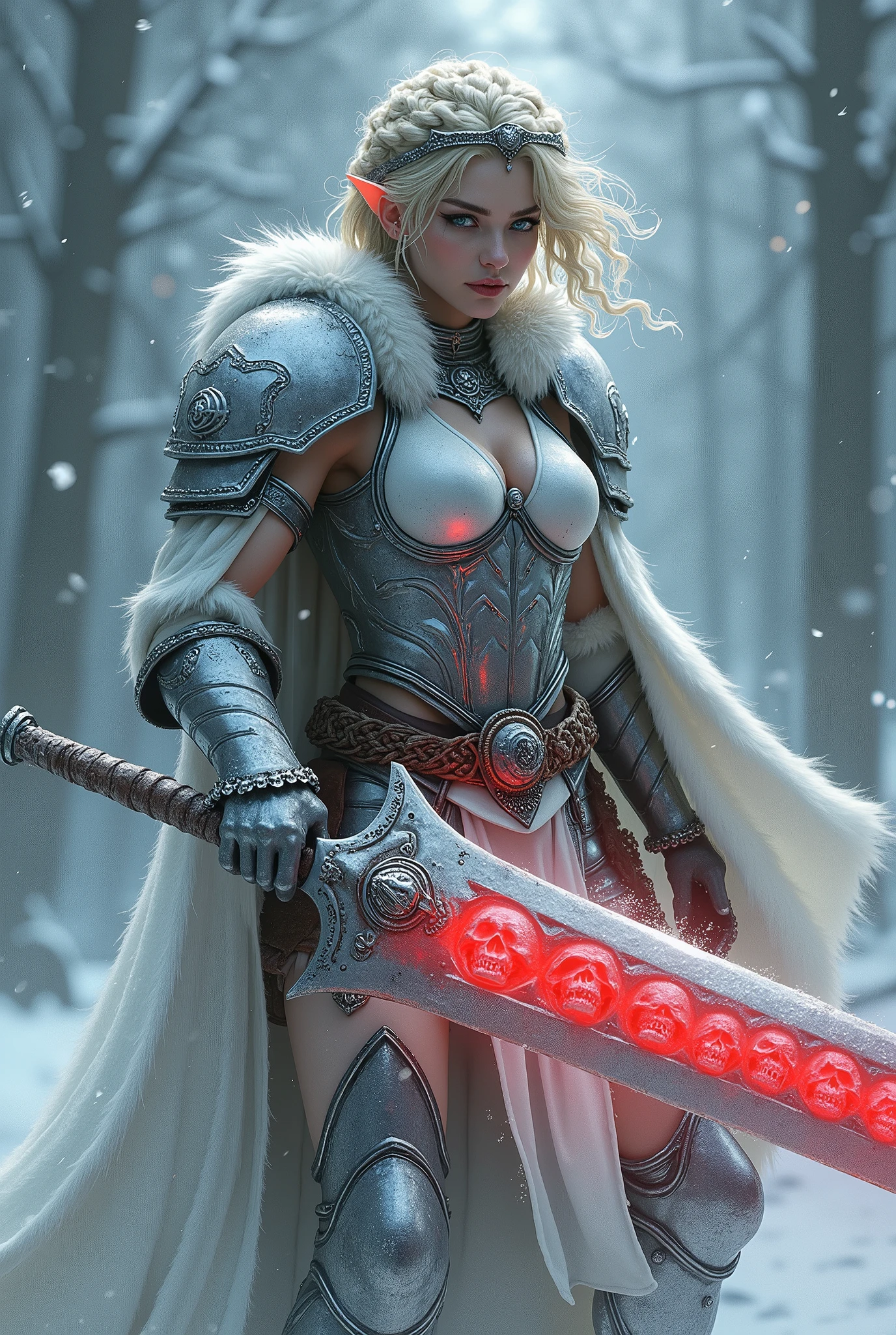 ((upper torso, armored female barbarian savage, battle worn white lacquered gloss armor:1.6, fur, white cloak, ((((supermodel, triangularface, pointed chin)), short curly [bright blonde hair:tan hair:0.7], black lips))), iceblue eyes, blackout eyeshadow, iron tiara), braids, massive glowing purple rune engraved spear, windy, outdoor frozen snow snowy forest, dynamic battle pose, lunging, side view
