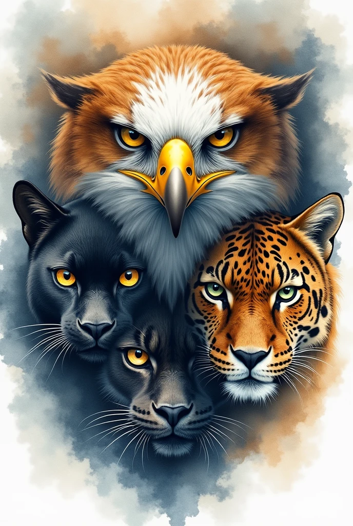 Create a watercolor drawing of an eagle's eyes, An owl , a panther and a jaguar.