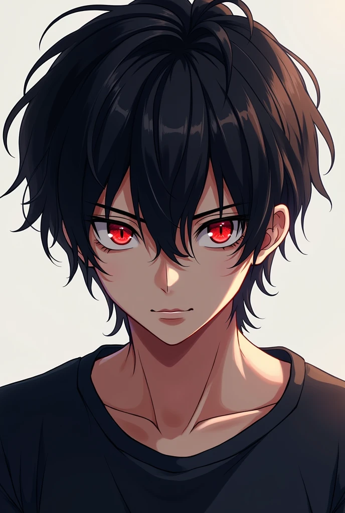 Create a Young Male, dark haired and scarlet eyes and cat-like pupils, with a serious expression He is wearing a dark shirt. His hair has bangs parted in the middle.. Make it in 2D anime style drawing