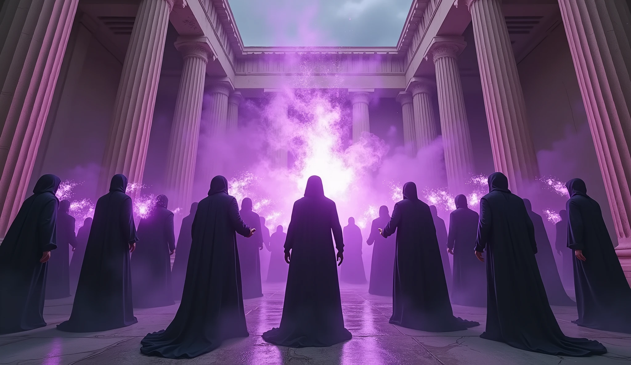 8k、(number々の賞を受賞したmasterpiece、Incredible detail、Texture、Maximum details), (summoning magic),(Parthenon temple (Parthenon) - Greece), (Purple glowing magic circle)arafed image of a group of people in a church with candles,lit candle, dark cinematic concept art, elegant cinematic fantasy art, photorealistic dark concept art, by Beeple, dark robes, wojtek fus, gothic epic library concept, gothic epic library, epic cinematic concept art, dark concept art, Beeple and mike winkelmann, symmetrical epic fantasy art, High resolution, masterpiece, Highest quality, Intricate details, Very detailed, Clear focus, practical skin texture, texture, Shot with Canon, 85mm, Shallow and deep, Kodak Vision Color, Exactly, Very detailed, photograph_\(Extremist\), photographpractical, practical, Post-processing, Maximum details, Roughness, Real Life, Extremist practical, Photorealism, photographgraphy, 8K Ultra HD, photographgraphy