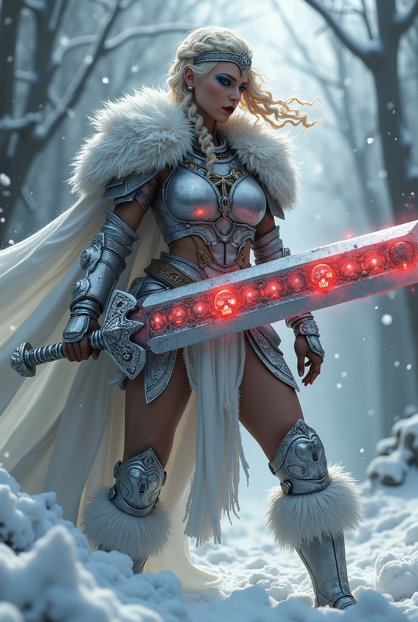 ((upper torso, armored female barbarian savage, battle worn white chrome gloss armor, fur, white cloak, ((((supermodel, triangularface, pointed chin)), short curly [bright blonde hair:tan hair:0.7], black lips))), iceblue eyes, blackout eyeshadow, iron tiara), braids, massive glowing red skull engraved sword, windy, outdoor frozen snow snowy forest, dynamic battle pose, lunging, side view
