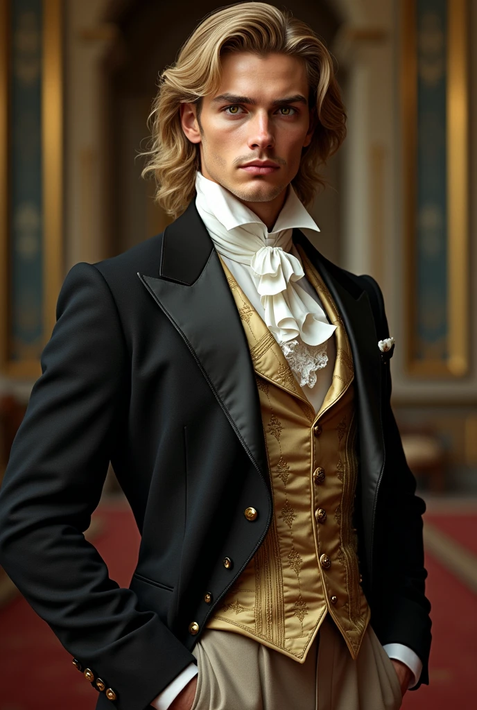 An athletic young Duke of 1.80cm with blonde hair, Honey colored eyes and nude skin tone, She wears a Victorian costume.
