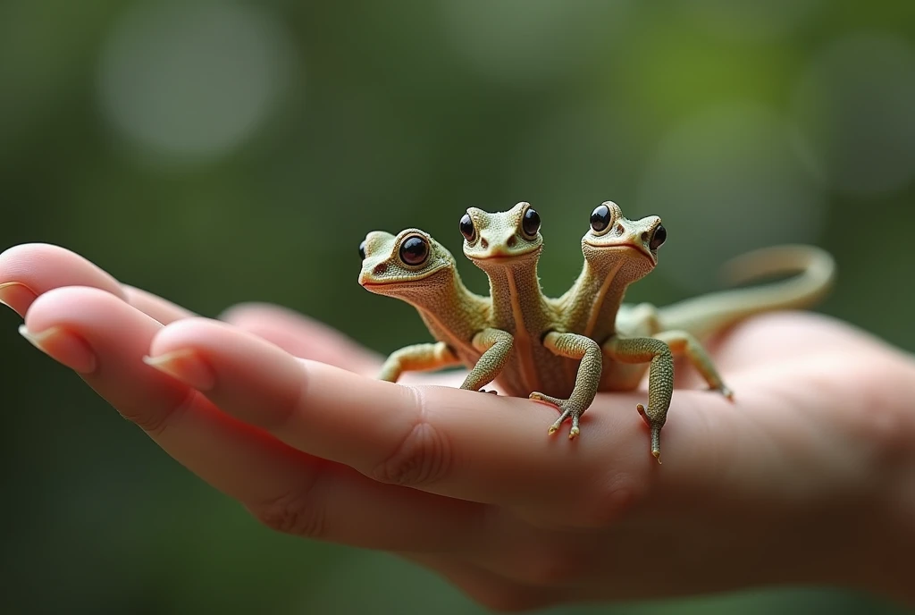 ultra-realistic 8k photograph, a tiny four-headed mythological hydra perched on a human hand, the hand is positioned sideways with clear detail of the skin's texture. The Hydra have four heads, emphasizing its mythological origin, and its flake skin add character to the scene, background is slightly out of focus, natural light gently highlights the subjects, shot with a Leica Q2, strong color contrast and sharp clarity